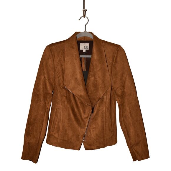 KUT FROM THE KLOTH NEW $89 Carina Faux Suede Drape Moto Jacket Brandy XS - Picture 2 of 7